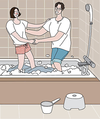 라이프스타일 부부 커플 여자 남자 행복 결혼 일러스트 신혼부부 욕조 사랑 서기 사람 성인 두명 일상 생활 이불 빨래 밟기 세탁기 부부라이프 성인만 딩크족 국내일러스트 AI파일 감정 가사 관계 침구 모션 이벤트 라이프 가전제품 신혼 파일형식 벡터