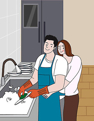 라이프스타일 부부 커플 여자 남자 행복 결혼 일러스트 신혼부부 사랑 사람 성인 두명 일상 생활 주방 설거지 백허그 부부라이프 성인만 딩크족 국내일러스트 AI파일 감정 가사 관계 포옹 이벤트 라이프 신혼 파일형식 벡터