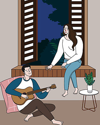 라이프스타일 부부 커플 여자 남자 행복 결혼 일러스트 노래 신혼부부 사랑 사람 성인 취미 두명 일상 생활 기타 창가 부부라이프 성인만 딩크족 국내일러스트 AI파일 감정 음악 창문 관계 현악기 이벤트 라이프 신혼 파일형식 벡터