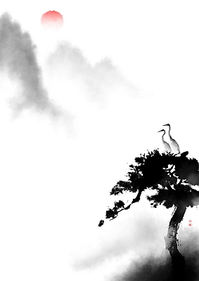 PSD 나무 두마리 일러스트 캘리그라피 조류 붓터치 근하신년 새해 산 수묵화 풍경 사람없음 도장 태양 일출 안개 소나무 쌍 동양화 번짐 낙관 국내일러스트 자연요소 식물 동물 2 날씨 미술 노을 파일형식 효과