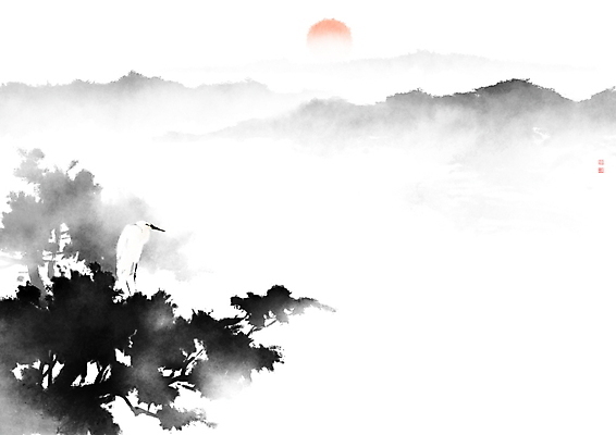 PSD 나무 일러스트 캘리그라피 조류 붓터치 근하신년 새해 산 수묵화 풍경 사람없음 태양 일출 안개 동양화 번짐 낙관 국내일러스트 자연요소 식물 동물 날씨 미술 노을 파일형식 효과