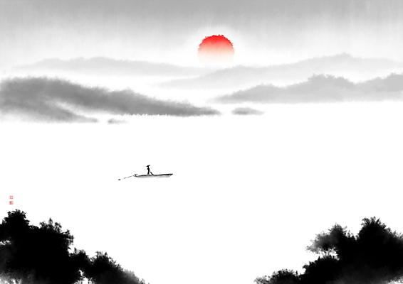 PSD 나무 일러스트 캘리그라피 붓터치 근하신년 새해 수묵화 한명 사람 풍경 도장 태양 일출 강가 뱃사공 동양화 번짐 낙관 선박 국내일러스트 자연요소 식물 1 수상교통 미술 강 노을 파일형식 효과