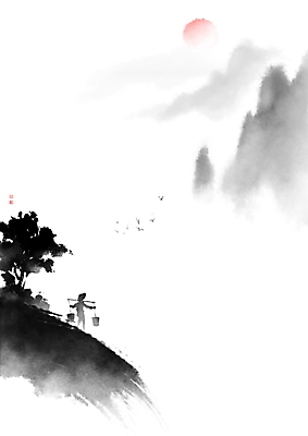 PSD 일러스트 캘리그라피 조류 붓터치 근하신년 새해 산 수묵화 한명 사람 풍경 물 도장 태양 일출 안개 농부 양동이 동양화 언덕 번짐 낙관 국내일러스트 자연요소 동물 직업 1 날씨 미술 노을 파일형식 효과