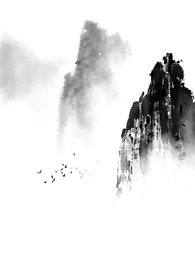 PSD 일러스트 캘리그라피 조류 붓터치 근하신년 새해 산 수묵화 풍경 사람없음 도장 안개 바위 동양화 번짐 낙관 국내일러스트 동물 날씨 미술 돌_바위 파일형식 효과