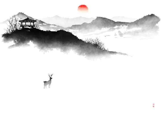 PSD 나무 한마리 일러스트 캘리그라피 붓터치 사슴 근하신년 새해 산 한옥 수묵화 풍경 초원 사람없음 도장 태양 일출 안개 동양화 정자 번짐 낙관 국내일러스트 자연요소 식물 1 한국전통 건축물 고건축 포유류 날씨 미술 노을 파일형식 효과