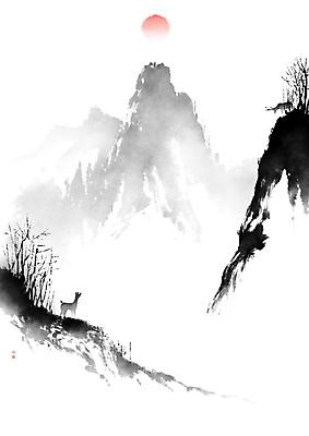 PSD 나무 한마리 일러스트 캘리그라피 붓터치 사슴 근하신년 새해 산 수묵화 풍경 사람없음 도장 태양 일출 계곡 동양화 언덕 번짐 낙관 국내일러스트 자연요소 식물 1 포유류 미술 노을 파일형식 효과