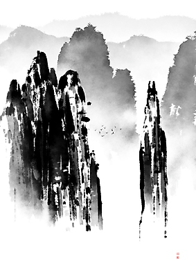 PSD 일러스트 캘리그라피 조류 붓터치 근하신년 새해 바위산 산 수묵화 풍경 사람없음 도장 안개 바위 동양화 번짐 낙관 국내일러스트 동물 날씨 미술 돌_바위 돌산 파일형식 효과