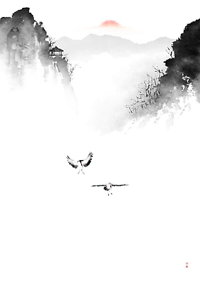 PSD 두마리 일러스트 캘리그라피 조류 붓터치 근하신년 새해 산 수묵화 풍경 사람없음 도장 태양 일출 학 안개 쌍 동양화 번짐 낙관 국내일러스트 자연요소 동물 2 날씨 미술 노을 파일형식 효과