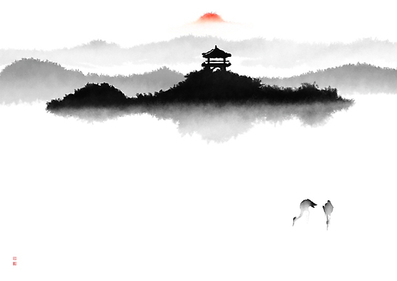 PSD 한쌍 두마리 일러스트 캘리그라피 붓터치 근하신년 새해 산 물그림자 수묵화 풍경 사람없음 강 도장 태양 일출 학 쌍 강가 동양화 번짐 낙관 국내일러스트 자연요소 2 조류 그림자 미술 노을 파일형식 효과