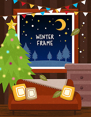쿠션 겨울 일러스트 창문 사각프레임 프레임 사람없음 소파 컬러풀 크리스마스트리 가랜드 프레임일러스트 국내일러스트 AI파일 계절 컬러 크리스마스 의자 사각형 파티용품 파일형식 벡터