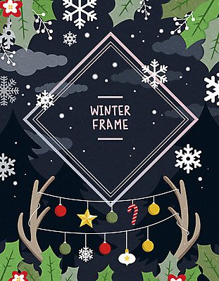 잎 겨울 일러스트 사각프레임 프레임 사람없음 컬러풀 장식볼 눈송이 오브젝트 사슴뿔 가랜드 프레임일러스트 오너먼트 국내일러스트 AI파일 식물 계절 컬러 크리스마스장식 뿔 눈_날씨 장식 사각형 파티용품 파일형식 벡터