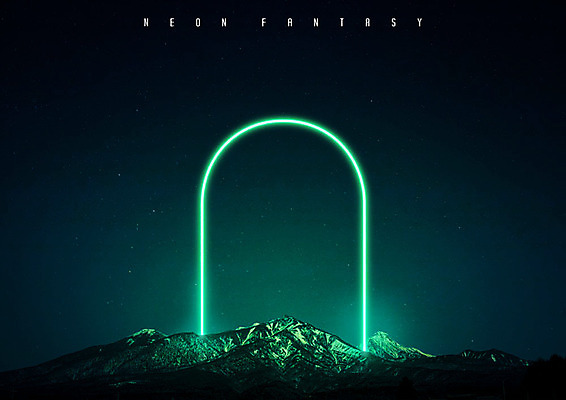 PSD 편집이미지 백그라운드 야경 사람없음 빛 판타지 아치 네온 만년설 카피스페이스 네온아트 설산 이미지편집 상상 산 공백 야간 파일형식 풍경_경치