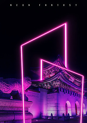 PSD 편집이미지 한국전통 분홍색 백그라운드 야경 한국건축 사람없음 빛 판타지 사각형 경복궁 네온 해태 카피스페이스 네온아트 이미지편집 도형 전통 건축 컬러 상상 한국 공백 궁전 야간 파일형식 풍경_경치