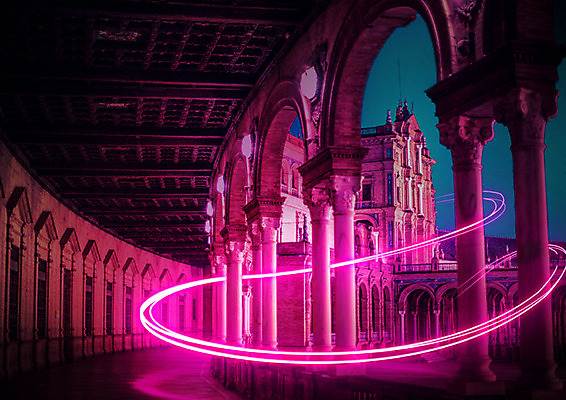 PSD 편집이미지 분홍색 백그라운드 고건축 야경 사람없음 빛 판타지 스페인 네온 안달루시아 카피스페이스 스페인광장 네온아트 이미지편집 건축물 유럽 컬러 상상 공백 야간 광장 파일형식 풍경_경치