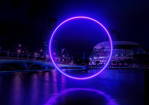PSD 편집이미지 백그라운드 야경 사람없음 파란색 빛 강 판타지 원형 네온 싱가폴 카피스페이스 네온아트 이미지편집 도형 아시아 컬러 상상 공백 야간 파일형식 풍경_경치
