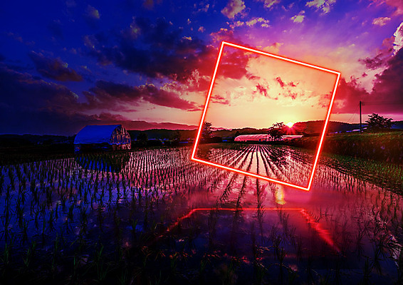 PSD 구름 편집이미지 백그라운드 야경 하늘 논 사람없음 빛 판타지 일출 사각형 주황색 일몰 시골 네온 카피스페이스 네온아트 이미지편집 자연요소 도형 컬러 농업 상상 노을 공백 야간 파일형식 풍경_경치