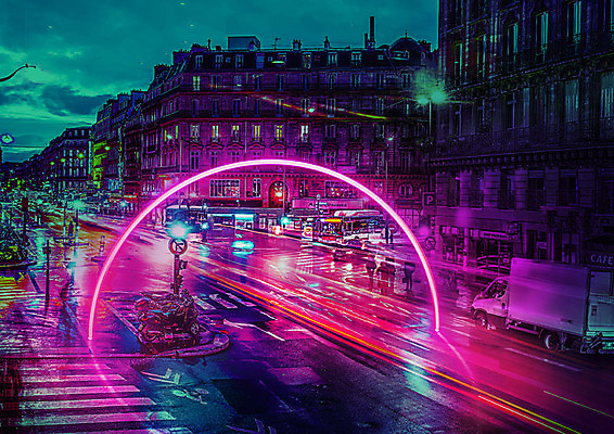 PSD 편집이미지 유럽 분홍색 백그라운드 야경 사람없음 빛 판타지 도시 원형 아치 네온 궤적 카피스페이스 네온아트 이미지편집 도형 나라 컬러 상상 공백 야간 파일형식 풍경_경치