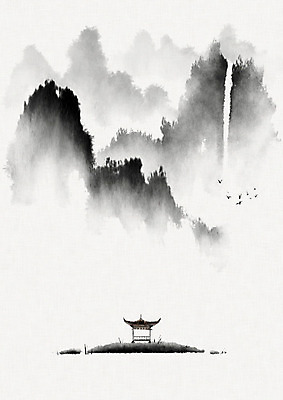 PSD 여러마리 일러스트 캘리그라피 조류 붓터치 산 수묵화 풍경 사람없음 폭포 동양화 한지 정자 번짐 화선지 국내일러스트 동물 건축물 종이 다수 자연 미술 파일형식 효과