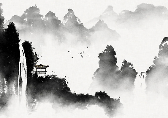 PSD 여러마리 일러스트 캘리그라피 조류 붓터치 산 수묵화 풍경 사람없음 폭포 동양화 한지 정자 번짐 화선지 국내일러스트 동물 건축물 종이 다수 자연 미술 파일형식 효과