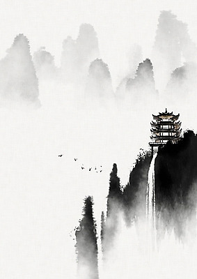 PSD 여러마리 일러스트 캘리그라피 조류 붓터치 산 수묵화 풍경 사람없음 폭포 동양화 한지 정자 번짐 화선지 국내일러스트 동물 건축물 종이 다수 자연 미술 파일형식 효과