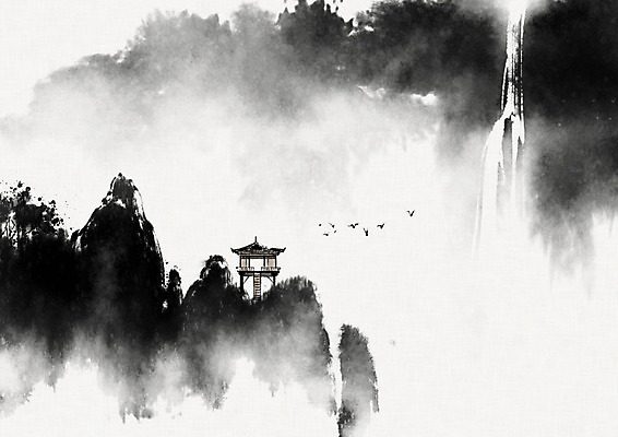 PSD 여러마리 일러스트 캘리그라피 조류 붓터치 산 수묵화 풍경 사람없음 폭포 동양화 한지 정자 번짐 화선지 국내일러스트 동물 건축물 종이 다수 자연 미술 파일형식 효과