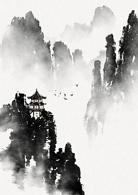 PSD 여러마리 일러스트 캘리그라피 조류 붓터치 산 수묵화 풍경 사람없음 폭포 동양화 한지 정자 번짐 화선지 국내일러스트 동물 건축물 종이 다수 자연 미술 파일형식 효과