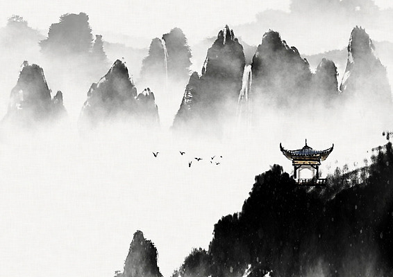 PSD 여러마리 일러스트 캘리그라피 조류 붓터치 산 수묵화 풍경 사람없음 폭포 동양화 한지 정자 번짐 화선지 국내일러스트 동물 건축물 종이 다수 자연 미술 파일형식 효과