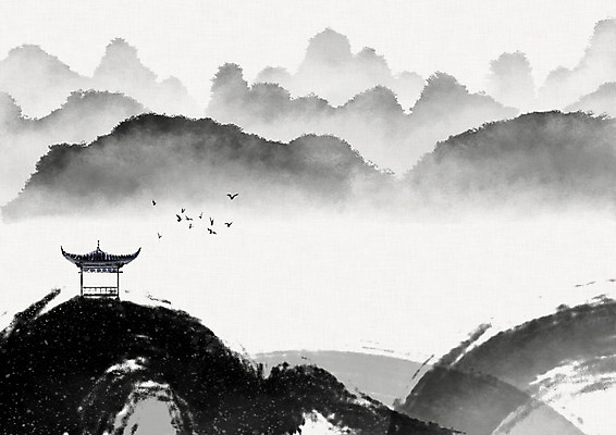 PSD 여러마리 일러스트 캘리그라피 조류 붓터치 산 수묵화 풍경 사람없음 동양화 한지 정자 번짐 화선지 국내일러스트 동물 건축물 종이 다수 미술 파일형식 효과