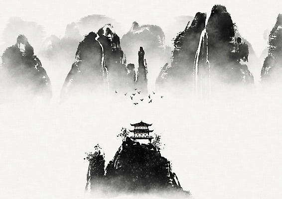 PSD 여러마리 일러스트 캘리그라피 조류 붓터치 산 수묵화 풍경 사람없음 폭포 동양화 한지 정자 번짐 화선지 국내일러스트 동물 건축물 종이 다수 자연 미술 파일형식 효과