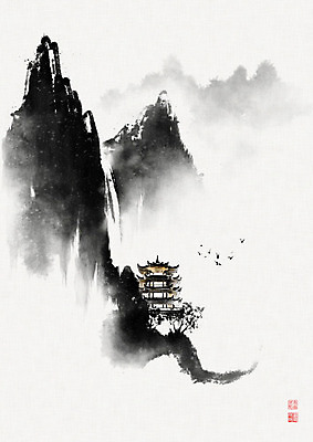 PSD 여러마리 일러스트 캘리그라피 조류 붓터치 산 수묵화 풍경 사람없음 폭포 동양화 한지 정자 번짐 화선지 국내일러스트 동물 건축물 종이 다수 자연 미술 파일형식 효과