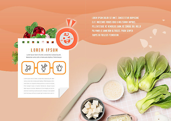 PSD 템플릿 편집 표지디자인 북디자인 출판디자인 내지 리플렛 북커버 비즈니스 팜플렛 사람없음 주황색 신선 유기농 두부 청경채 주걱 이유식 이미지템플릿 웰빙 음식 컬러 채소 주방용품 파일형식