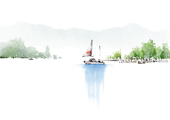 PSD 나무 요트 일러스트 캘리그라피 붓터치 산 항해 풍경 해변 사람없음 번짐 어촌 부둣가 선박 국내일러스트 식물 바다 수상교통 배_교통 항구 시골 파일형식 효과