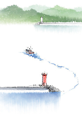 PSD 바다 일러스트 캘리그라피 붓터치 산 등대 항해 풍경 해변 사람없음 물 어선 번짐 어촌 선박 국내일러스트 자연요소 수상교통 배_교통 시골 파일형식 효과