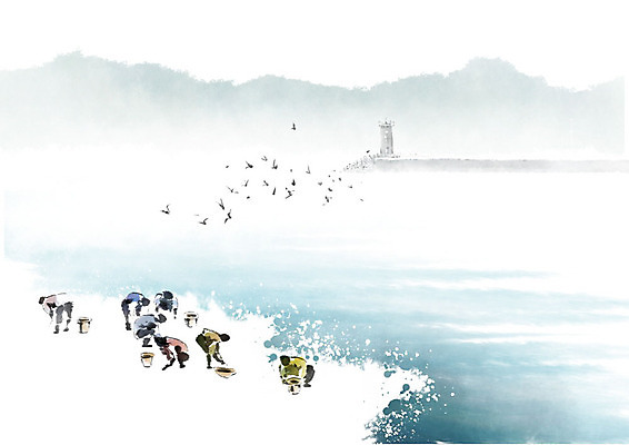 PSD 바다 일러스트 캘리그라피 갈매기 조류 붓터치 산 등대 어업 사람 풍경 여러명 해변 물 어부 번짐 어촌 갯벌 수산인의날 국내일러스트 자연요소 동물 직업 산업 다수 시골 파일형식 법정기념일 효과