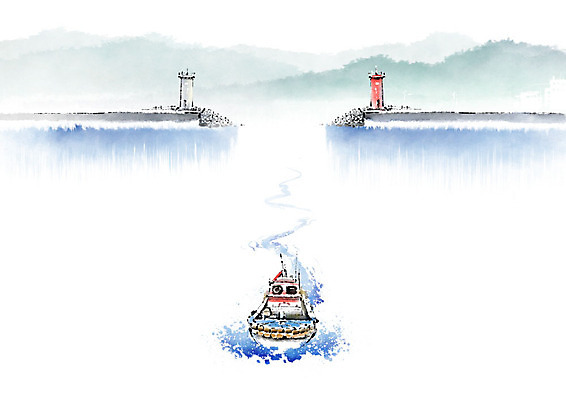 PSD 바다 일러스트 캘리그라피 붓터치 산 등대 항해 풍경 해변 사람없음 물 어선 번짐 어촌 선박 국내일러스트 자연요소 수상교통 배_교통 시골 파일형식 효과