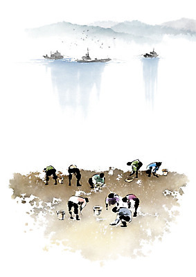 PSD 바다 일러스트 캘리그라피 갈매기 조류 붓터치 산 어업 사람 풍경 여러명 해변 물 어부 수집 번짐 어촌 갯벌 수산인의날 국내일러스트 자연요소 동물 직업 산업 다수 시골 파일형식 법정기념일 효과