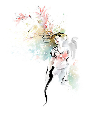 PSD 여자 패션 꽃 잎 일러스트 캘리그라피 붓터치 한명 사람 뷰티 번짐 여자한명만 국내일러스트 식물 1 여자만 파일형식 효과
