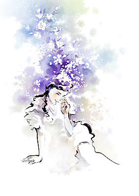 PSD 여자 패션 꽃 잎 일러스트 캘리그라피 붓터치 한명 사람 뷰티 번짐 여자한명만 국내일러스트 식물 1 여자만 파일형식 효과