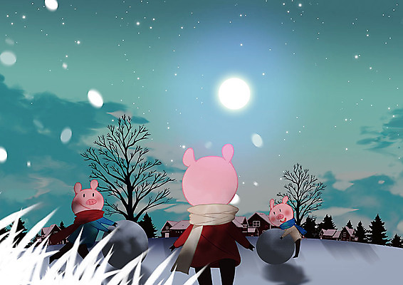 PSD 크리스마스 겨울 일러스트 눈사람 주택 따뜻함 세마리 초원 사람없음 달 눈 돼지 돼지캐릭터 눈덩이 아기돼지 국내일러스트 자연요소 계절 기념일 새끼 동물캐릭터 포유류 날씨 눈_날씨 3 건물 파일형식