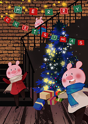 PSD 별 크리스마스 겨울 일러스트 전구 따뜻함 세마리 선물 사람없음 장식 선물상자 크리스마스트리 계단 돼지 돼지캐릭터 가랜드 아기돼지 국내일러스트 자연요소 계절 기념일 새끼 동물캐릭터 포유류 3 상자 파티용품 파일형식