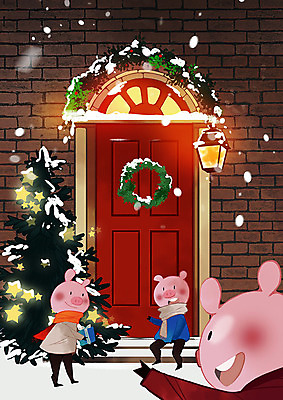 PSD 크리스마스 겨울 일러스트 벽돌 전등 따뜻함 세마리 사람없음 문 눈 돼지 현관문 돼지캐릭터 아기돼지 크리스마스리스 국내일러스트 자연요소 계절 기념일 새끼 동물캐릭터 포유류 날씨 조명 3 화환 파일형식