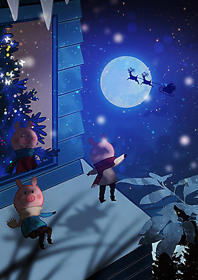 PSD 크리스마스 겨울 일러스트 창문 지붕 따뜻함 세마리 사람없음 크리스마스트리 산타클로스 루돌프 달 돼지 야간 돼지캐릭터 아기돼지 국내일러스트 자연요소 계절 기념일 새끼 동물캐릭터 포유류 사슴 3 파일형식