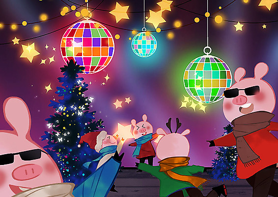 PSD 별 크리스마스 겨울 여러마리 일러스트 조명 따뜻함 사람없음 크리스마스트리 파티 춤 돼지 즐거움 미러볼 돼지캐릭터 아기돼지 국내일러스트 자연요소 계절 기념일 감정 새끼 동물캐릭터 다수 포유류 문화예술 이벤트 장식 파일형식