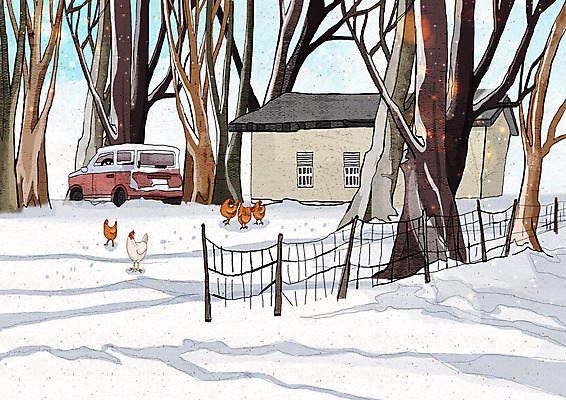 PSD 나무 행복 백그라운드 크리스마스 겨울 여러마리 일러스트 날씨 주택 풍경 사람없음 정원 추위 흰색 눈 닭 차가움 겨울풍경 겨울배경 국내일러스트 자연요소 식물 계절 기념일 감정 컬러 다수 조류 건물 파일형식