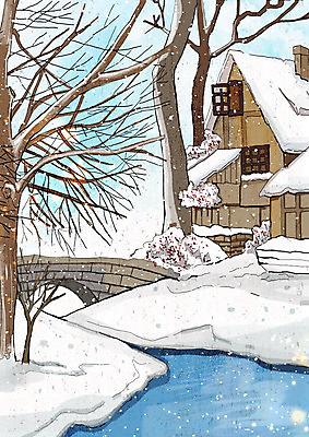 PSD 나무 행복 백그라운드 크리스마스 겨울 일러스트 날씨 주택 풍경 사람없음 강 추위 흰색 눈 차가움 겨울풍경 겨울배경 국내일러스트 자연요소 식물 계절 기념일 감정 컬러 건물 파일형식