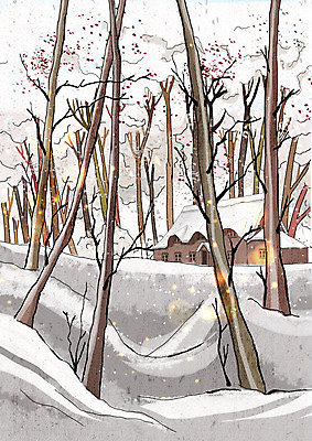 PSD 나무 행복 백그라운드 크리스마스 겨울 일러스트 날씨 주택 풍경 사람없음 추위 흰색 눈 차가움 숲속 겨울풍경 겨울배경 국내일러스트 자연요소 식물 계절 기념일 감정 컬러 건물 숲 파일형식