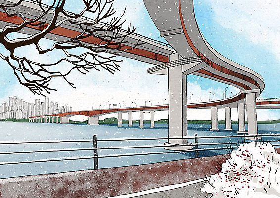PSD 나무 행복 도로 백그라운드 크리스마스 겨울 일러스트 날씨 풍경 사람없음 도시풍경 추위 흰색 눈 도시 차가움 한강 가교 겨울풍경 겨울배경 국내일러스트 자연요소 식물 건축물 계절 기념일 감정 길 컬러 교통시설 서울 랜드마크 파일형식