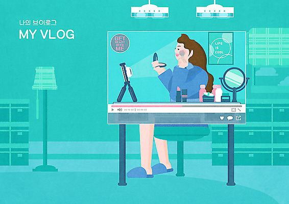 PSD 여자 일러스트 조명 한명 사람 일상 화장 뷰티 유행 카메라 스크린 촬영 화장품 거울 립스틱 볼터치 방송 영상 민트색 여자한명만 뷰티크리에이터 1인미디어 브이로그 국내일러스트 1 라이프스타일 컬러 라이프 전자제품 동영상 여자만 파일형식 크리에이터