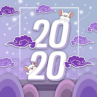 두마리 일러스트 새해 산 타이포그라피 사람없음 숫자 보라색 쥐띠 쥐 구름문양 흰쥐 2020년 경자년 국내일러스트 AI파일 문자 문양 컬러 2 십이지신 설치류 연도 파일형식 벡터 구름_자연