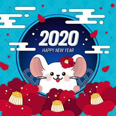 한마리 영어 일러스트 새해 타이포그라피 사람없음 컬러풀 숫자 쥐띠 쥐 해피뉴이어 동백 흰쥐 2020년 경자년 국내일러스트 AI파일 문자 1 꽃 컬러 새해인사 십이지신 설치류 연도 파일형식 벡터